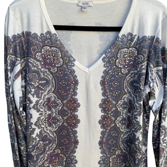 Cache Long Sleeve V-Neck Paisley Print Metal Beaded Stretch Shirt Blouse Top L - Picture 5 of 9